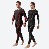 
                  
                    Women's compression base layer suit with lycra stretch - black red and black gray compression suit couple, walking view
                  
                