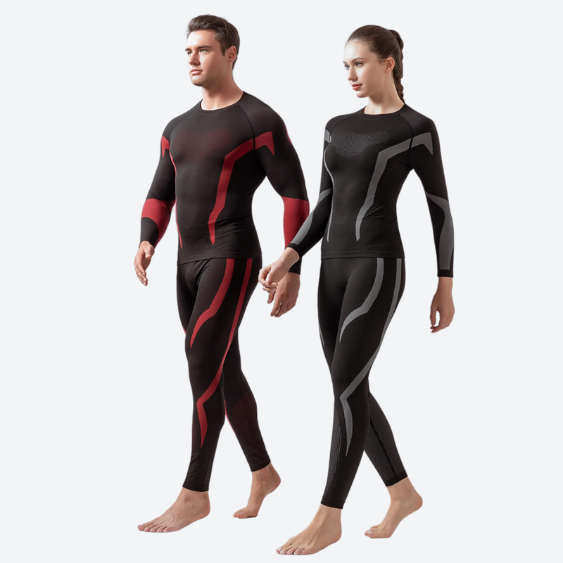 Women's compression base layer suit with lycra stretch - black red and black gray compression suit couple, walking view