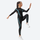 Kids' breathable compression top and pants set - black and teal kids compression base layer suit on girl, leg-raise pose view