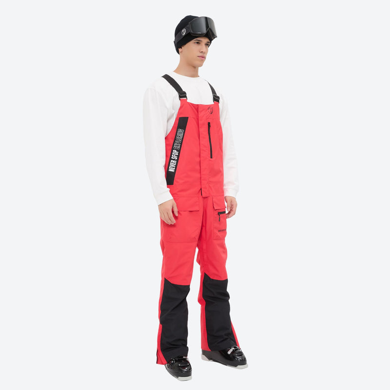 Men's bib snowboard pants with snow gaiters - red bib snow pants with white top, for powder and piste riding