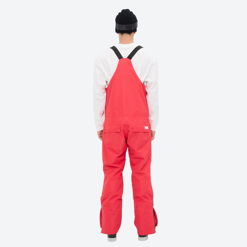 Men's waterproof 3L bib snow pants - red bib snow pants with white top, on-model back view, for powder and piste riding