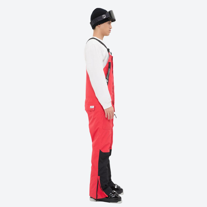 Men's bib snowboard pants with snow gaiters - red bib snow pants with white top, for resort and backcountry days