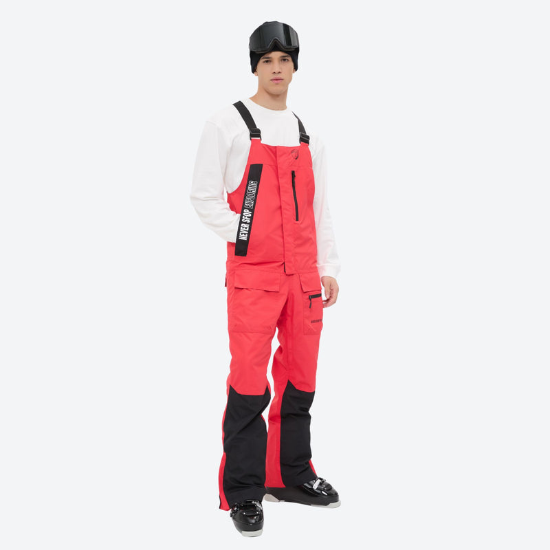 Men's waterproof 3L bib snow pants - red bib snow pants with white top, for cold-weather winter sports