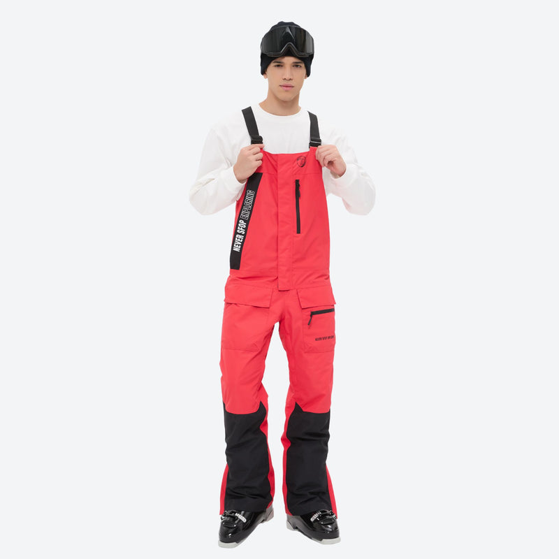 Men's breathable 3-layer suspender ski pants - red bib snow pants with white top, for skiing and snowboarding