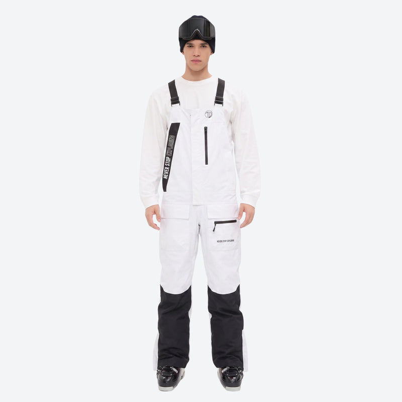 Men's waterproof 3L bib snow pants - white bib snow pants with white top, on-model front view, for cold-weather winter sports