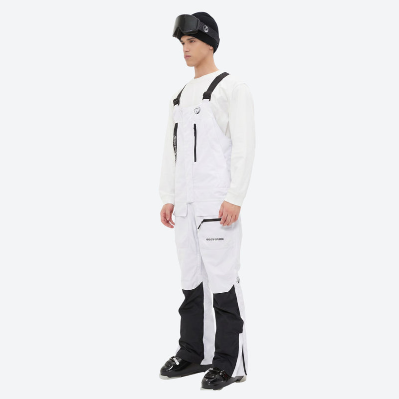 Men's bib snowboard pants with snow gaiters - white bib snow pants with white top, for powder and piste riding