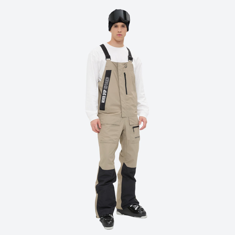 Men's bib snowboard pants with snow gaiters - tan bib snow pants with white top, for skiing and snowboarding