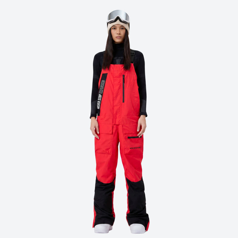Women's breathable 3-layer suspender ski pants - red bib snow pants with black top, for resort and backcountry days