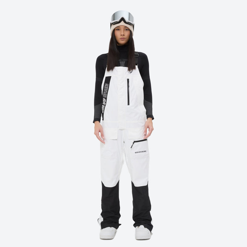 Women's bib snowboard pants with snow gaiters - white bib snow pants with black top, for skiing and snowboarding