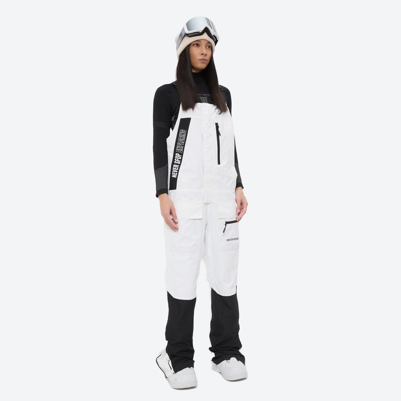 Women's waterproof 3L bib snow pants - white bib snow pants with black top, for resort and backcountry days