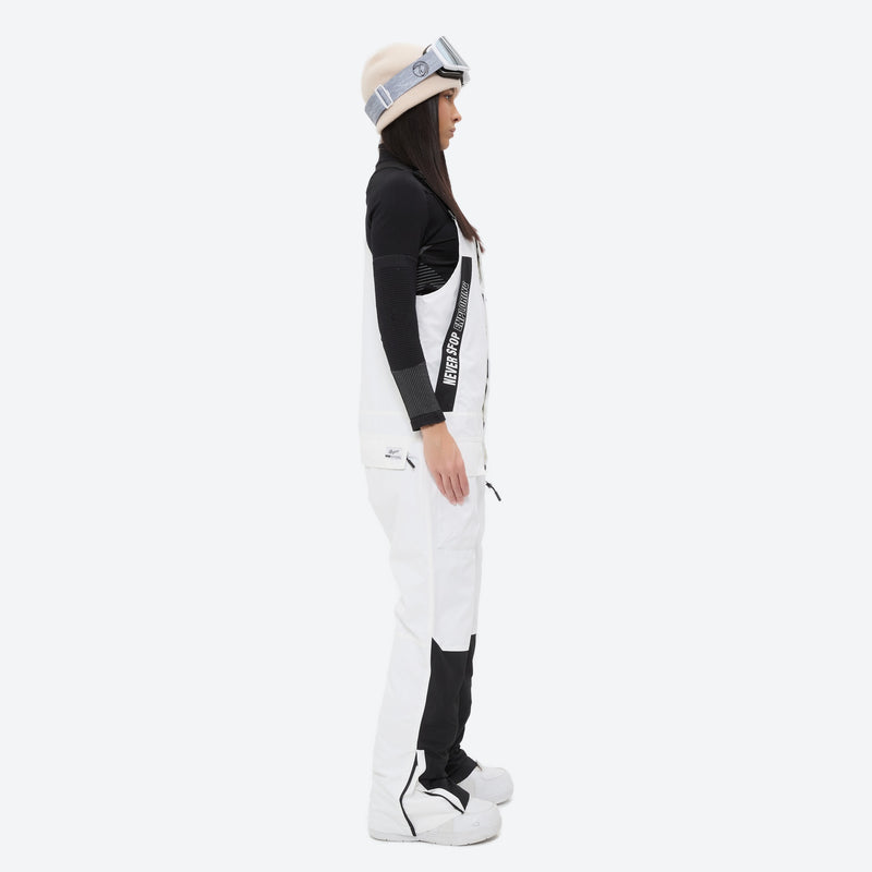 Women's breathable 3-layer suspender ski pants - white bib snow pants with black top, for powder and piste riding