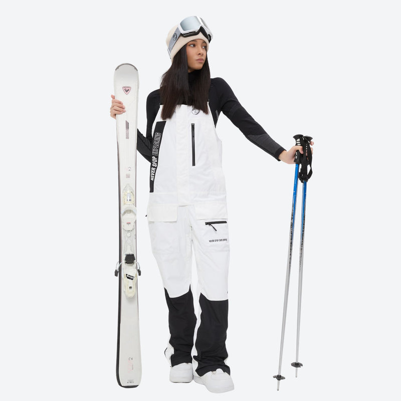 Women's breathable 3-layer suspender ski pants - white bib snow pants, for cold-weather winter sports
