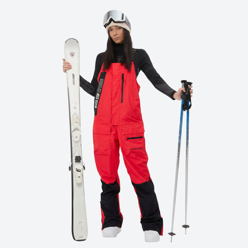 Women's bib snowboard pants with snow gaiters - red bib snow pants, for powder and piste riding