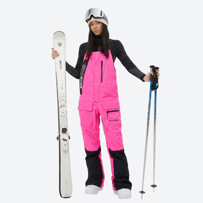 Women's breathable 3-layer suspender ski pants - pink bib snow pants, for skiing and snowboarding