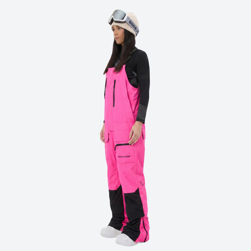 Women's bib snowboard pants with snow gaiters - pink bib snow pants with black top, for resort and backcountry days