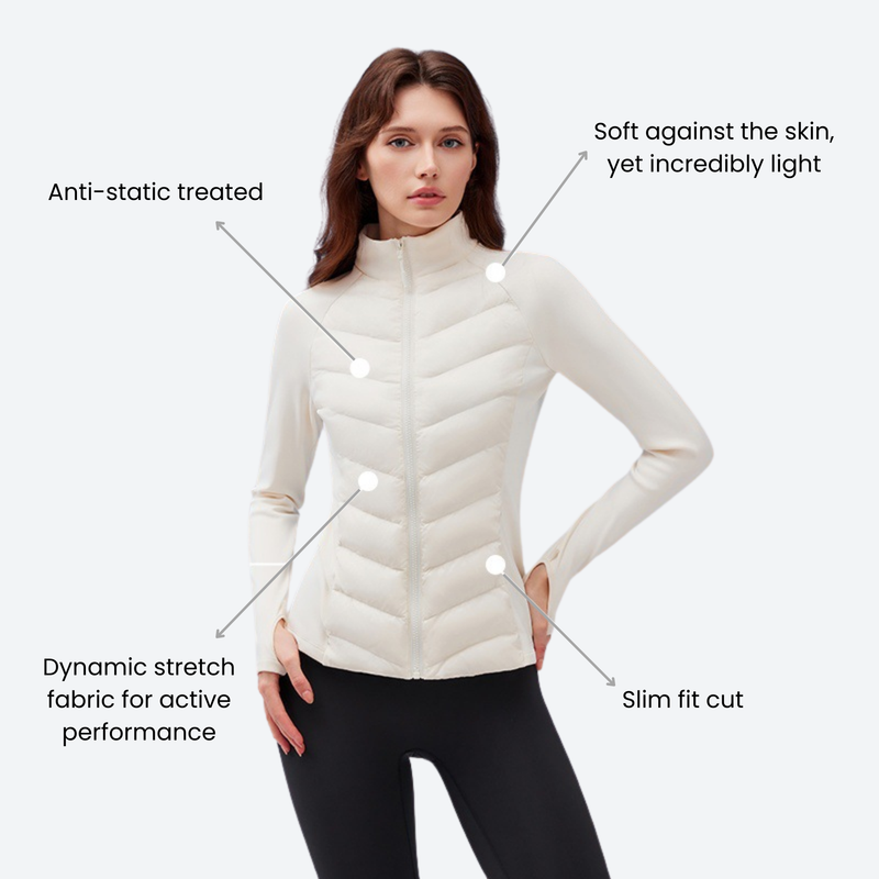 Women's warm packable down midlayer with stretch fabric - white down jacket, for hiking and trail walking