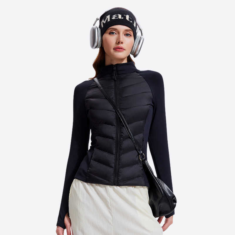 Women's slim-fit goose down jacket for cold days - black down jacket on women with beanie, for hiking and trail walking
