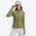 Women's warm packable down midlayer with stretch fabric - olive down jacket on women with visor, for layering in cold weather
