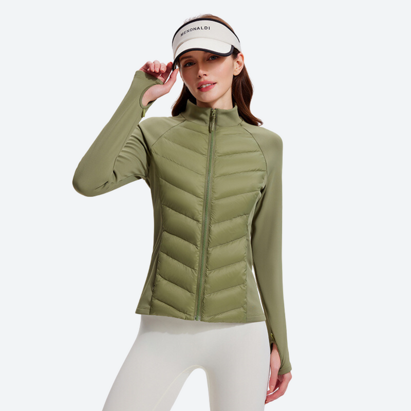 Women's warm packable down midlayer with stretch fabric - olive down jacket on women with visor, for layering in cold weather