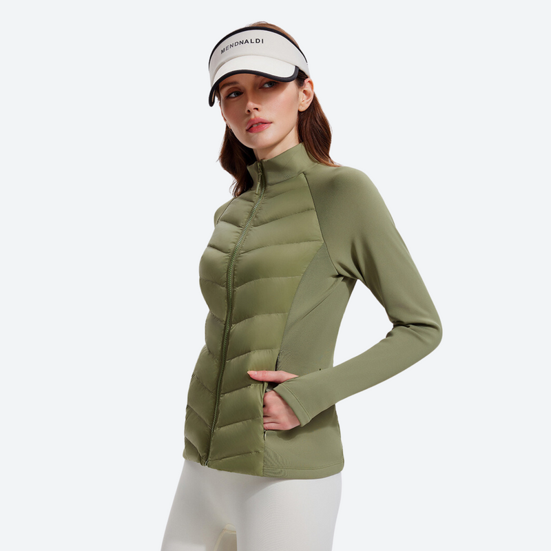 Women's slim-fit goose down jacket for cold days - olive down jacket on women with visor, for skiing and snowboarding