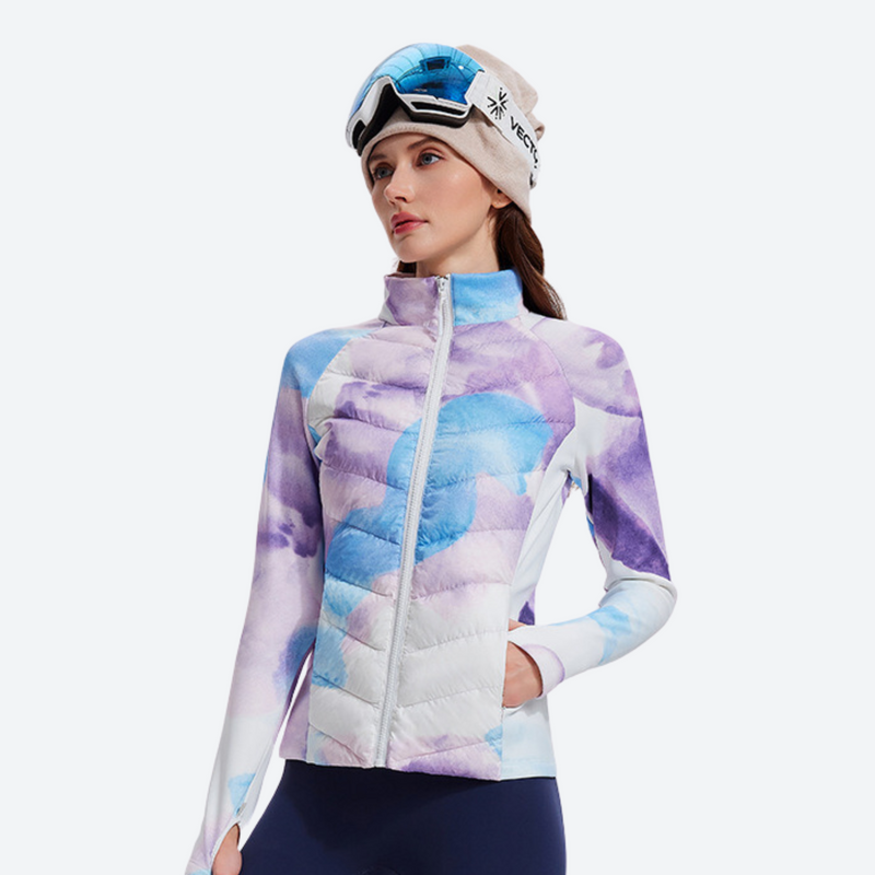 Women's slim-fit goose down jacket for cold days - white purple blue printed down jacket on women