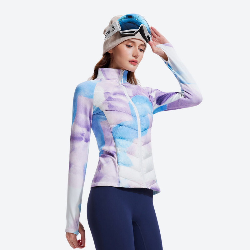 Women's lightweight goose-filled mid-layer jacket - white purple blue printed down jacket on women