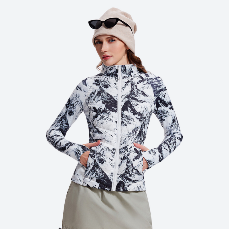 Women's lightweight goose-filled mid-layer jacket - white black floral printed down jacket on women