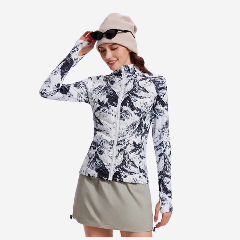 Women's warm packable down midlayer with stretch fabric - white black floral printed down jacket on women