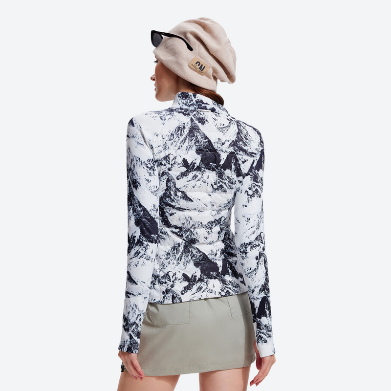 Women's slim-fit goose down jacket for cold days - white black floral printed down jacket on women