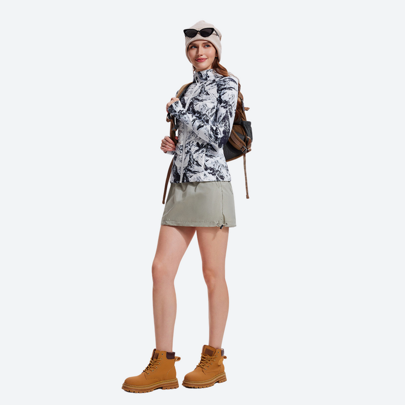 Women's lightweight goose-filled mid-layer jacket - floral printed down jacket on women with skirt