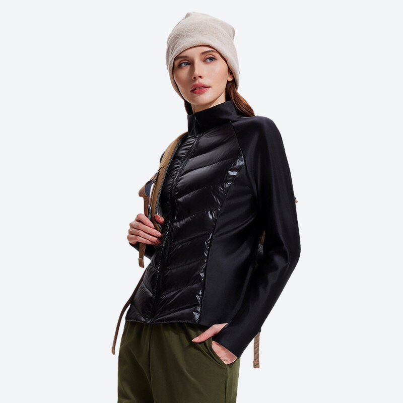 Women's warm packable down midlayer with stretch fabric - black down jacket on women with beanie
