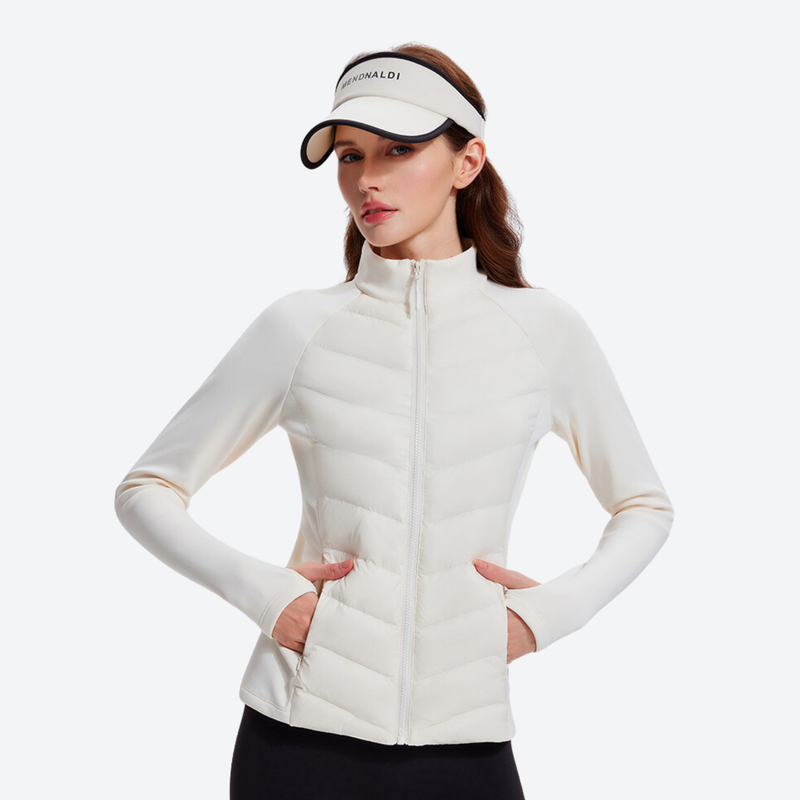 Women's slim-fit goose down jacket for cold days - white down jacket on women with visor, for skiing and snowboarding