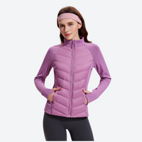
                  
                    Women's warm packable down midlayer with stretch fabric - purple down jacket on women with headband
                  
                