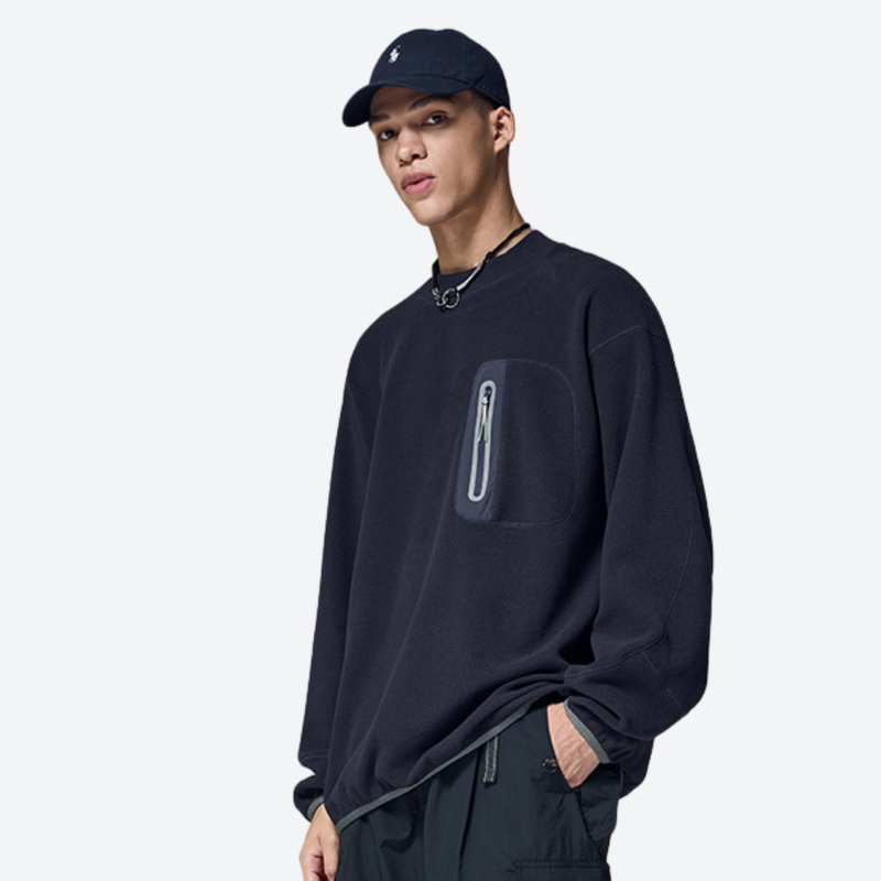 Women's soft lightweight fleece sweatshirt - navy crewneck fleece sweatshirt on men with cap, for layering in cool weather