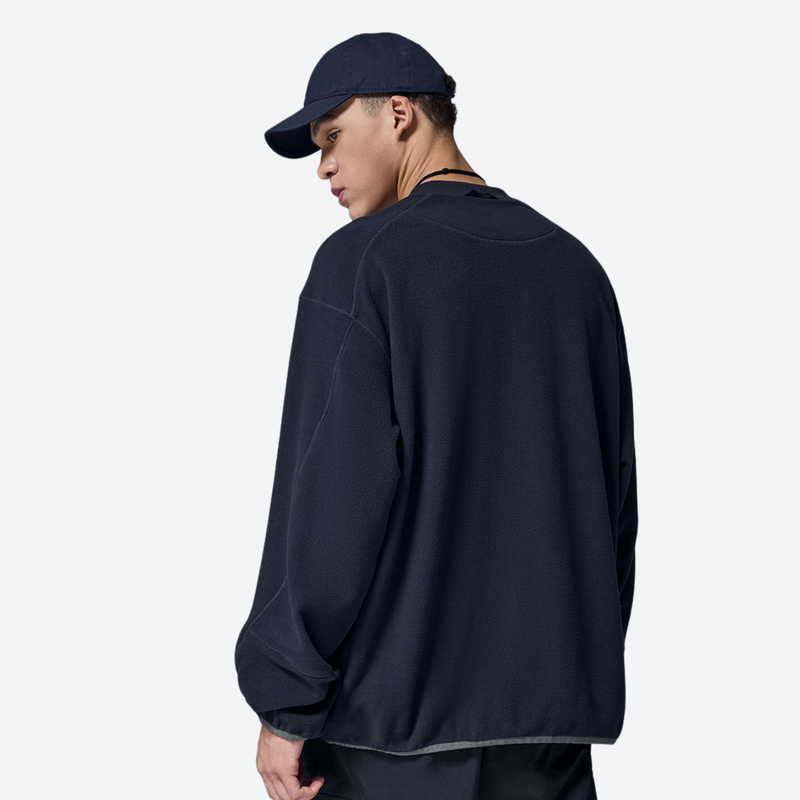 Women's soft lightweight fleece sweatshirt - navy crewneck fleece sweatshirt on men with cap, versatile cut suits many layers