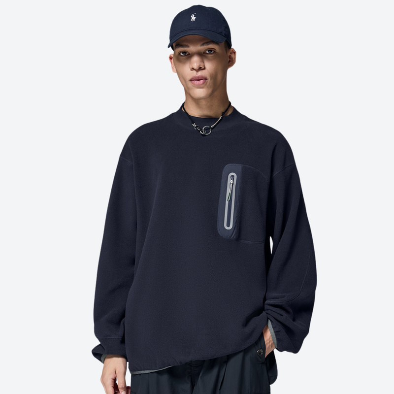 Women's versatile fleece pullover with zip chest pocket - navy crewneck fleece sweatshirt on men with cap