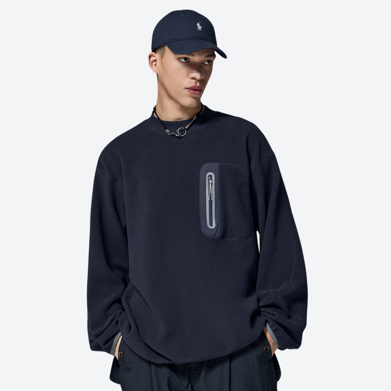 Women's warm brushed fleece top for outdoor - navy crewneck fleece sweatshirt on men with cap, for travel and daily commute