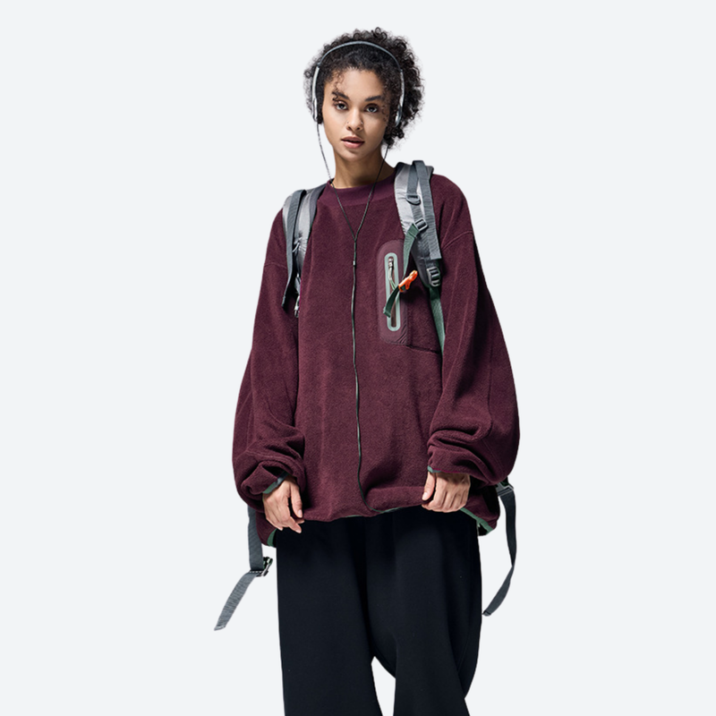 Women's warm brushed fleece top for outdoor - burgundy crewneck fleece sweatshirt on women, for camping and outdoor weekends