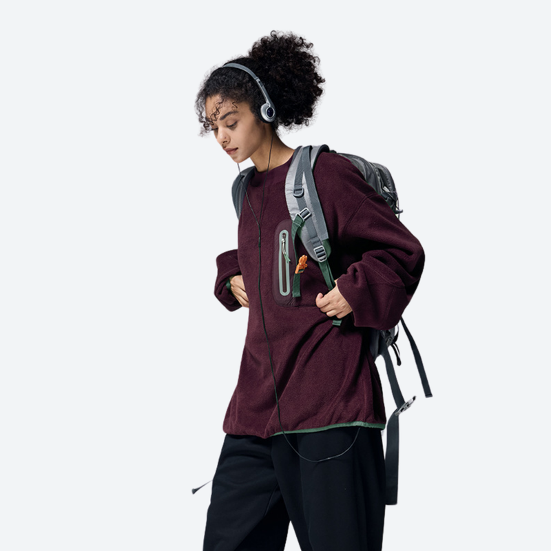 Women's soft lightweight fleece sweatshirt - burgundy crewneck fleece sweatshirt on women, for travel and daily commute