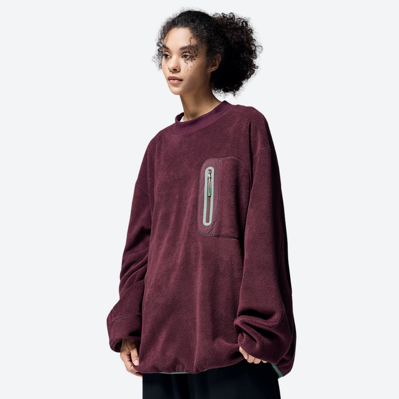 Women's versatile fleece pullover with zip chest pocket - burgundy crewneck fleece sweatshirt on women, front standing view