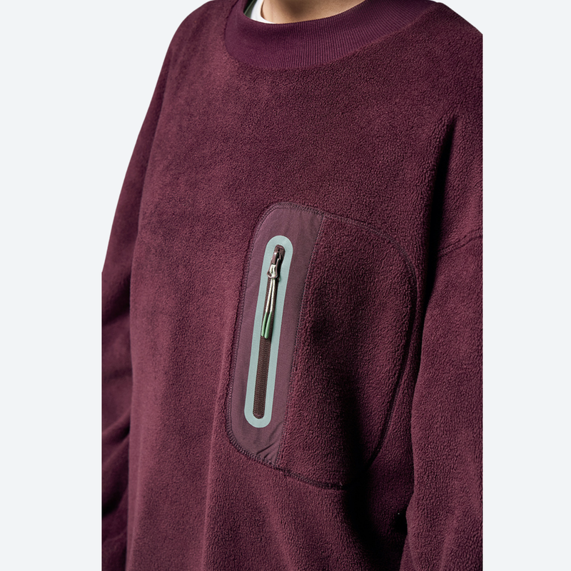 Women's warm brushed fleece top for outdoor - burgundy crewneck fleece sweatshirt, for travel and daily commute