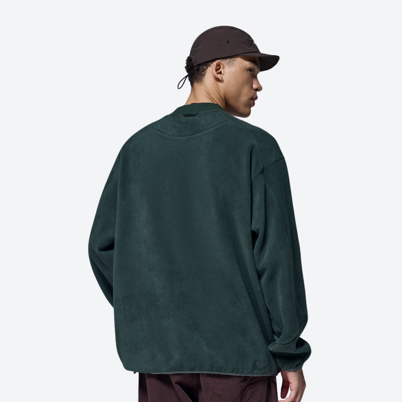 Women's versatile fleece pullover with zip chest pocket - dark green crewneck fleece sweatshirt on men with cap 25