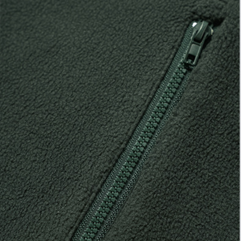 Women's warm brushed fleece top for outdoor - green half-zip fleece sweatshirt, zip close-up, for layering in cool weather