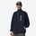 Women's warm brushed fleece top for outdoor - navy half-zip fleece sweatshirt on men with cap, front standing view