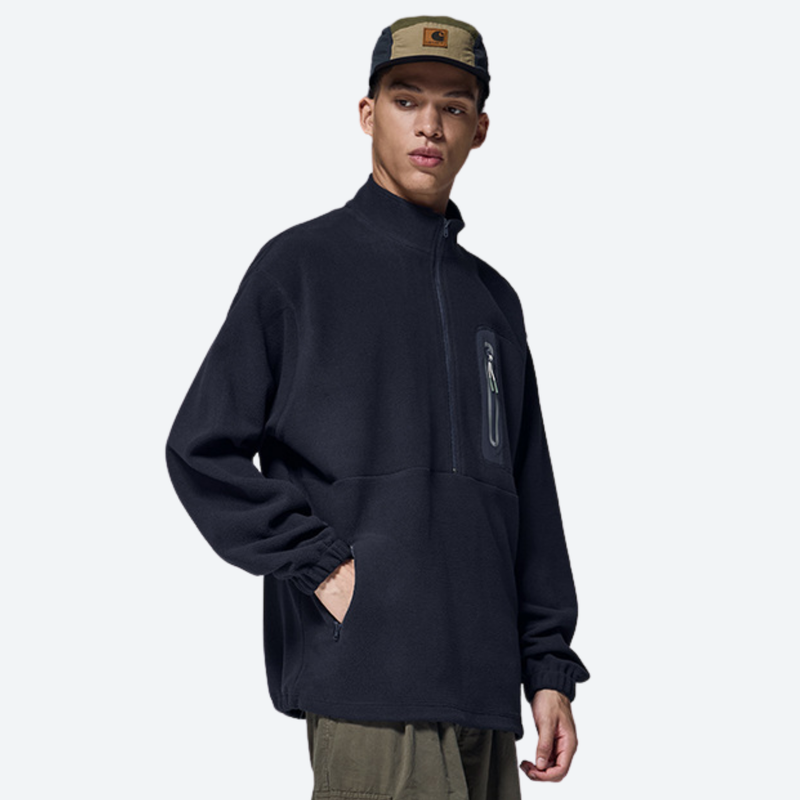Women's versatile fleece pullover with zip chest pocket - navy half-zip fleece sweatshirt on men with cap