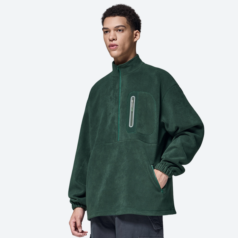 Women's versatile fleece pullover with zip chest pocket - green half-zip fleece sweatshirt on men