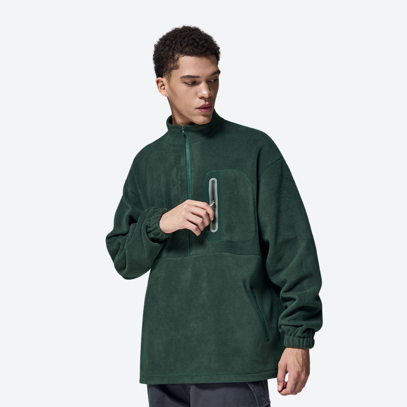 Women's warm brushed fleece top for outdoor - green half-zip fleece sweatshirt on men, for hiking and trail walking