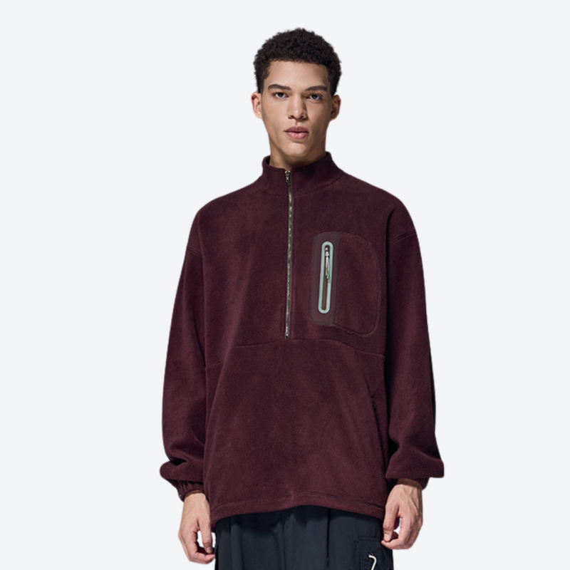 Women's versatile fleece pullover with zip chest pocket - burgundy half-zip fleece sweatshirt on men, front standing view