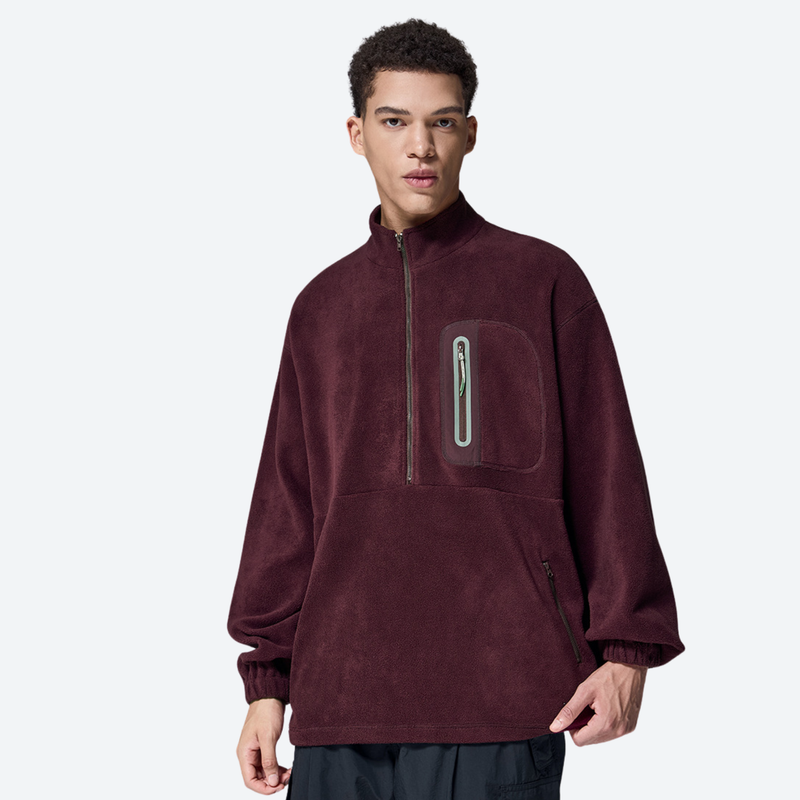Women's warm brushed fleece top for outdoor - burgundy half-zip fleece sweatshirt on men, for hiking and trail walking