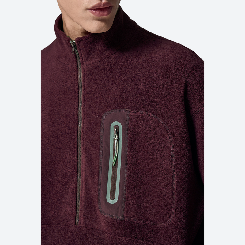 Women's warm brushed fleece top for outdoor - burgundy half-zip fleece sweatshirt, for layering in cool weather